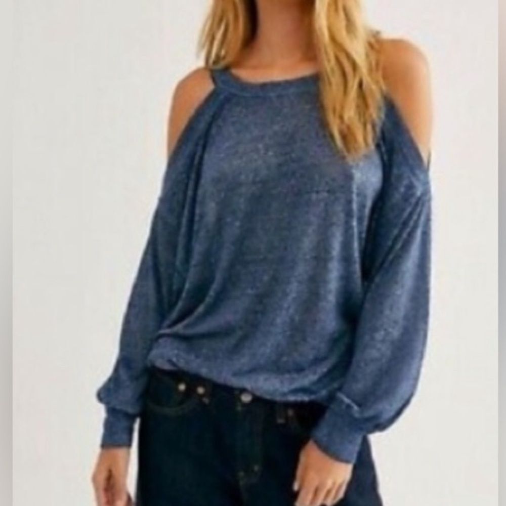 NWT Free People Oversized Long Sleeve "Chill Out" Cold Shoulder Top Burnout Blue